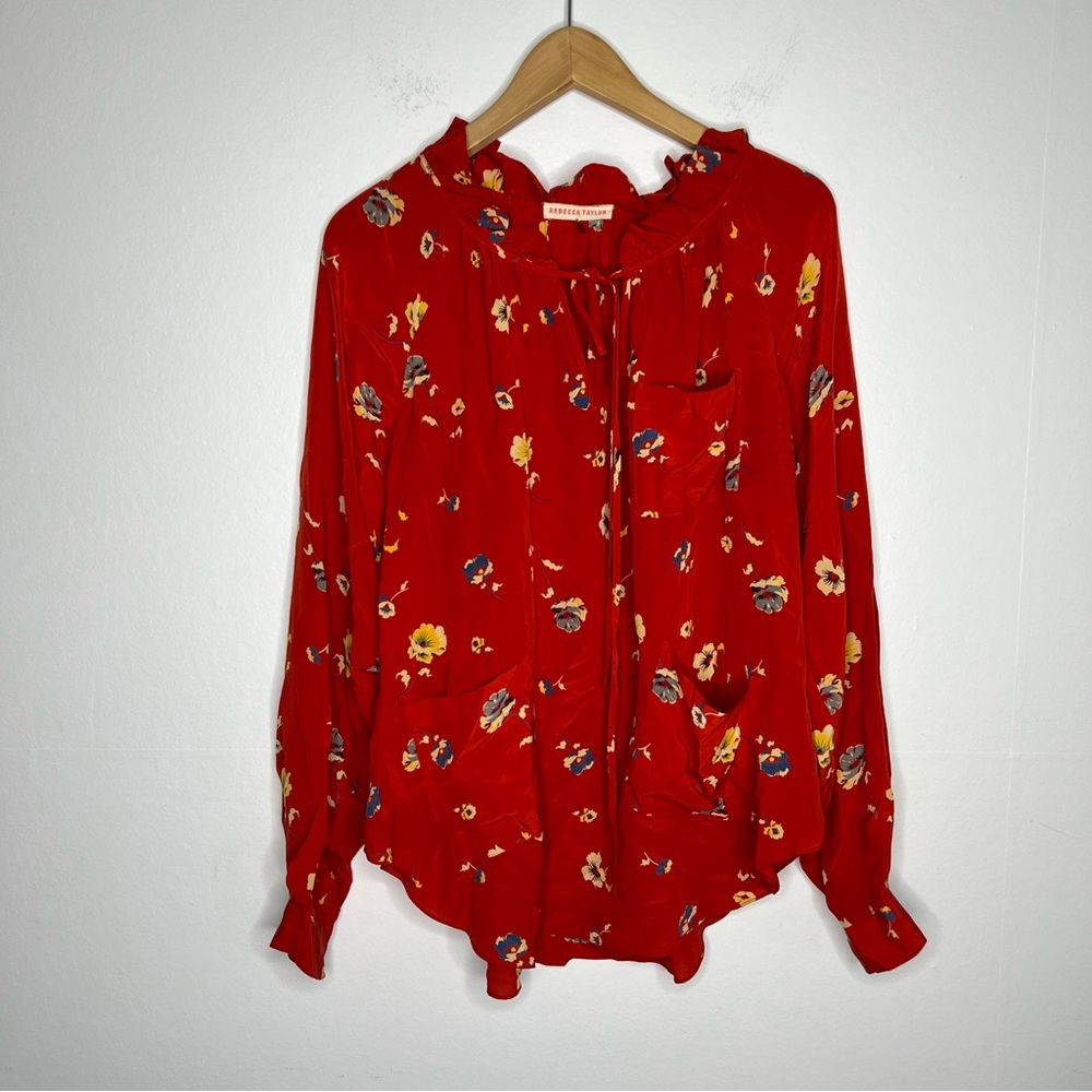 Rebecca Taylor Red Silk Floral Blouse Size 10 Ruffle